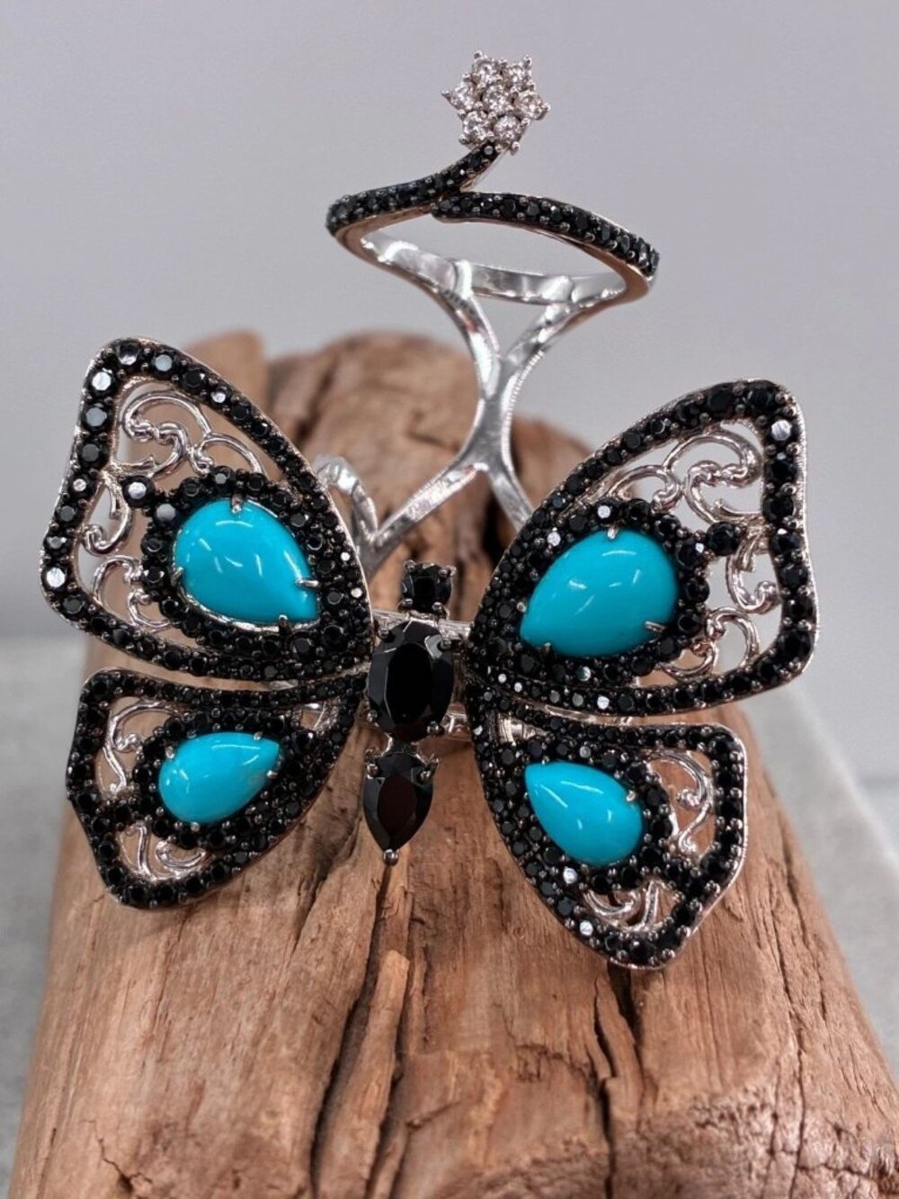 Dallas Prince Turquoise Black Spinel Butterfly Full Finger Ring Sterling Size 9